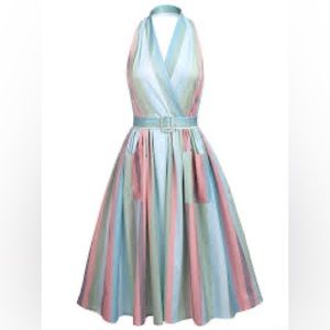 Halter Retro Style Costume Dress 1950’s Striped Pastel Pattern